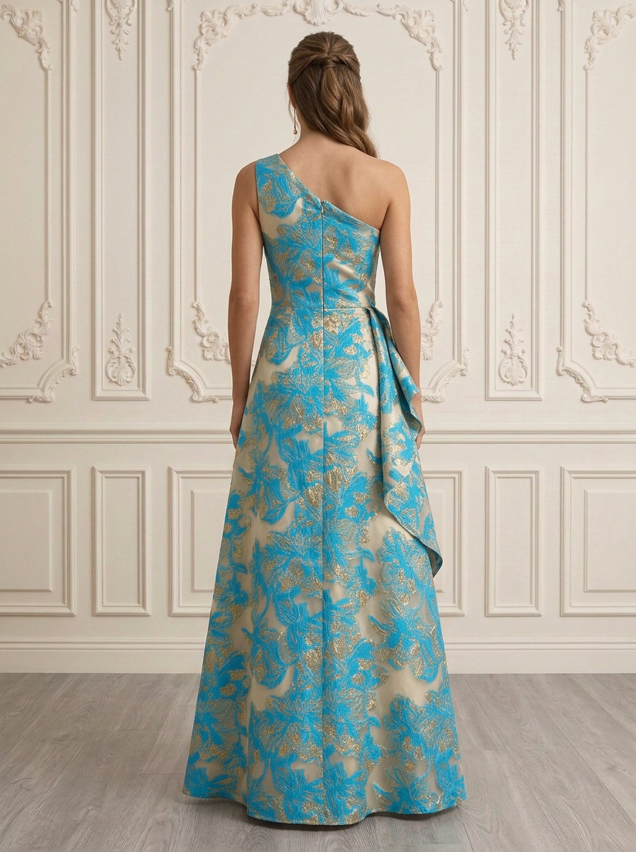 Dusty Blue One-Shoulder Sleeveless Floral Jacquard Asymmetric Ruffle A-Line Maxi Dress