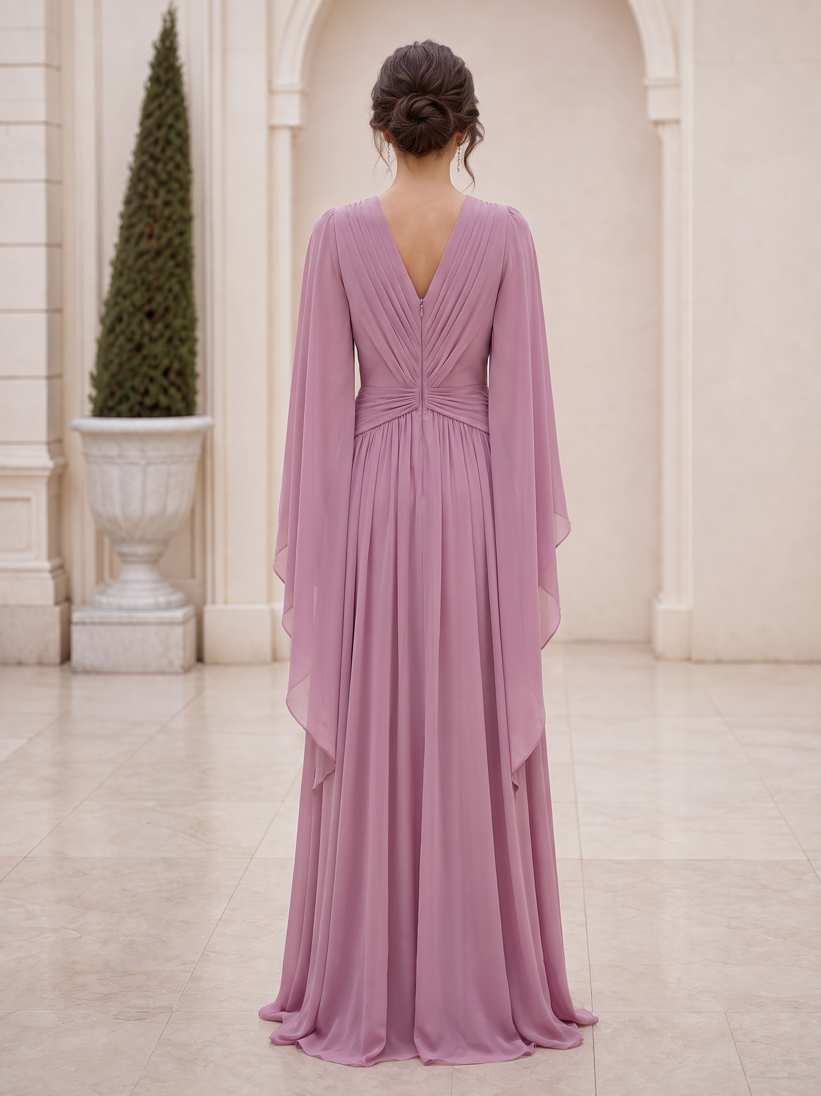 Dusty Pink Chiffon Deep V Cape Sleeve Maxi Dress