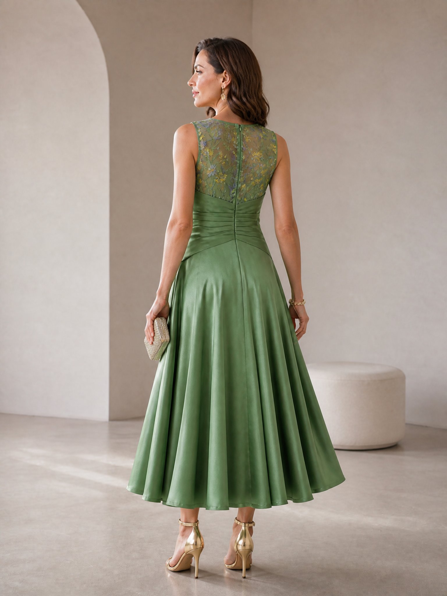 Sage Green Round Neck Floral Embroidery Ruched A-Line Midi Dress