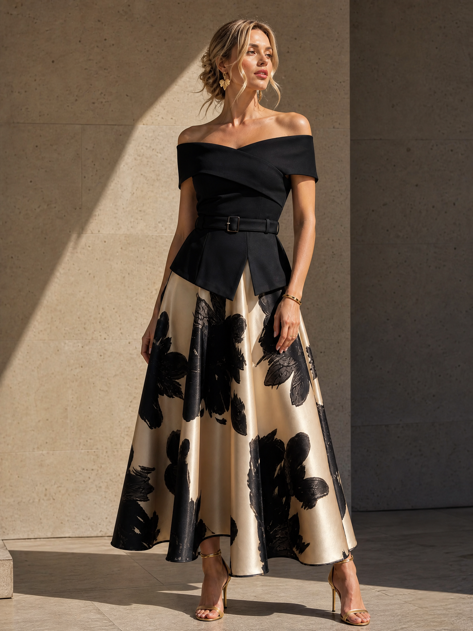 Black and Gold Off Shoulder Waistband Floral A-Line Midi Dress