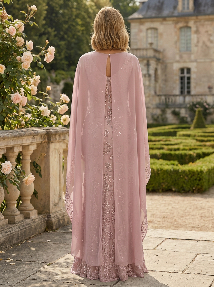 Sheath Chiffon Cape Sleeves Sequin Embellished Lace Maxi Dress