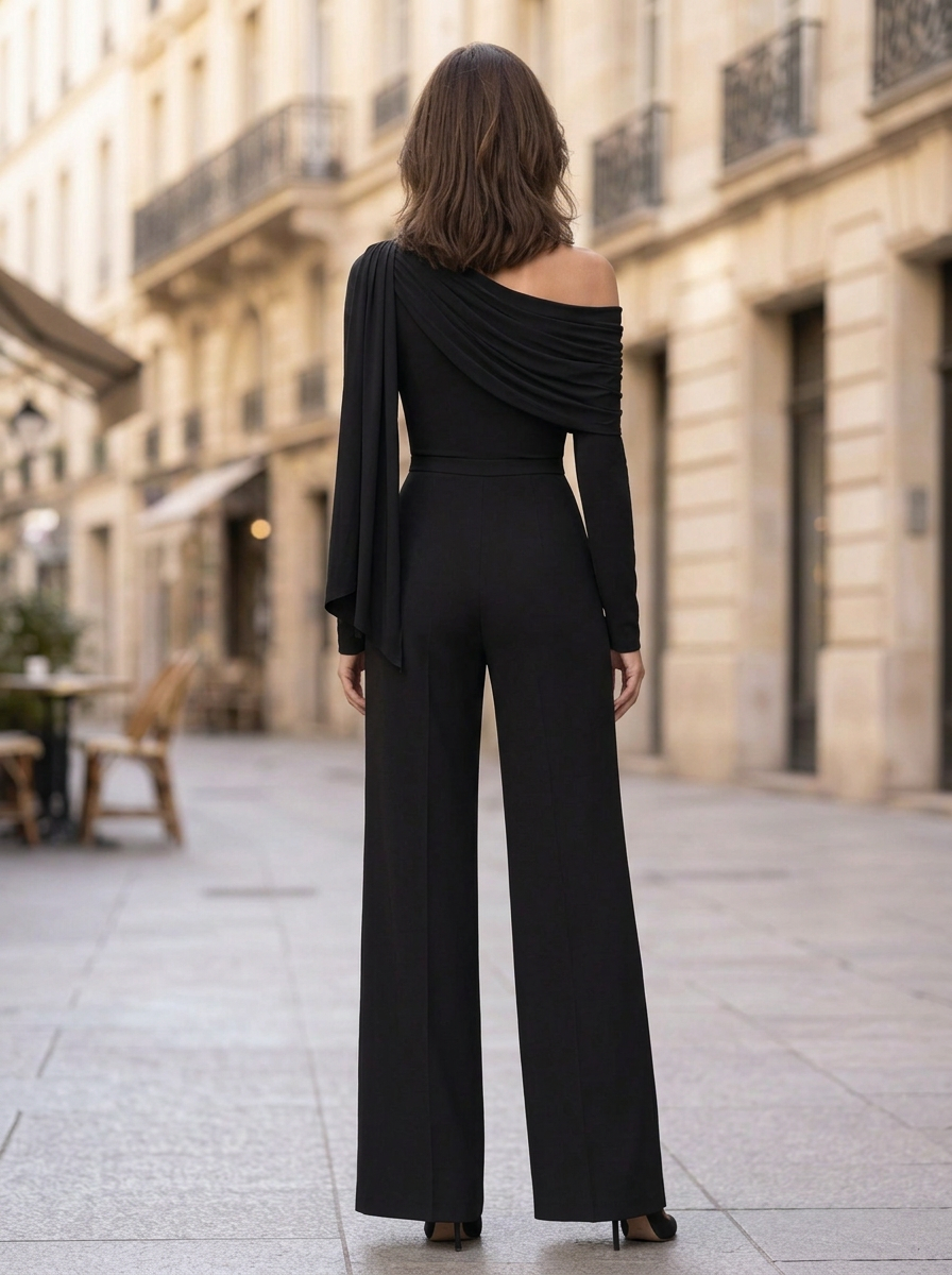Black Off-the-Shoulder Long Sleeve Asymmetric Drape Wide Leg Jumpsuit