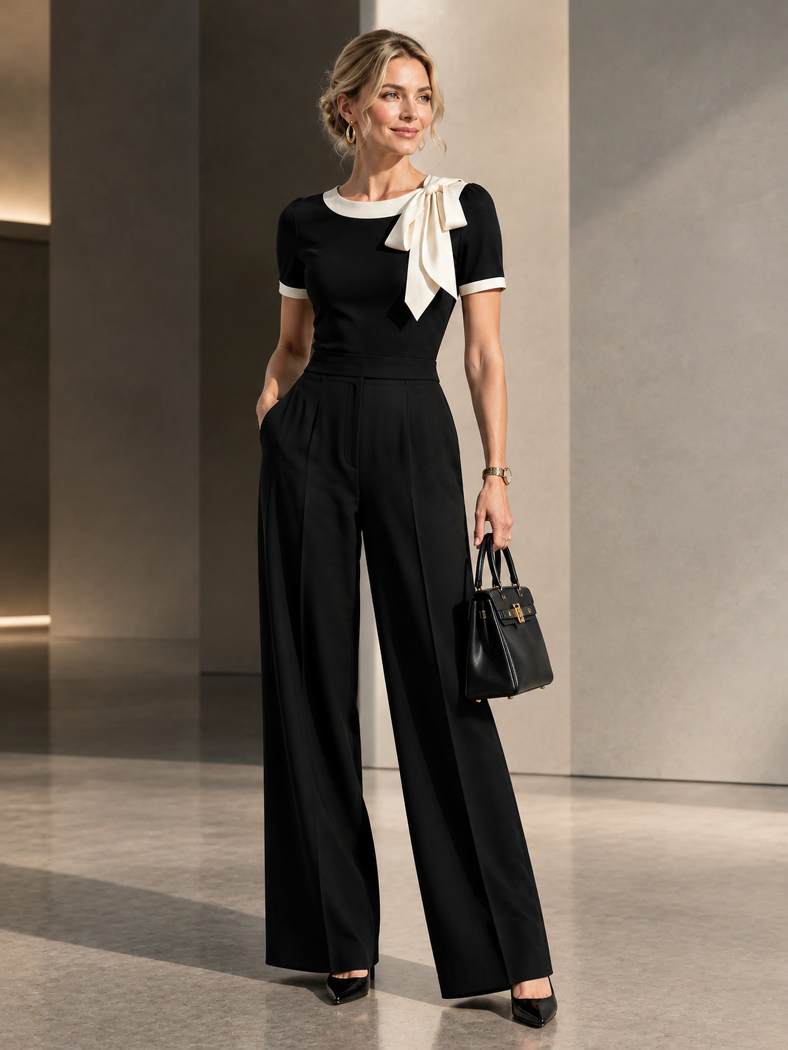 Black White Bow Detail Short Sleeve Top & Wide Leg Pants Set