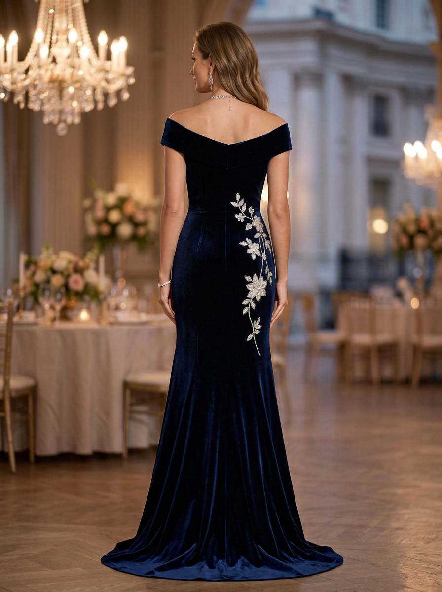 Neck Navy Off-the-Shoulder Draped Velvet Mermaid Evening Gown