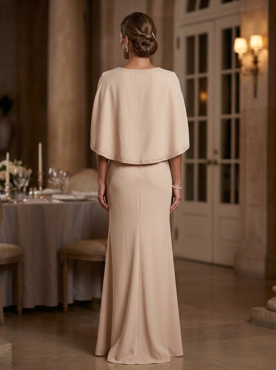 Ivory Deep V-Neck Rhinestone Cape Sleeve Satin Maxi Dress