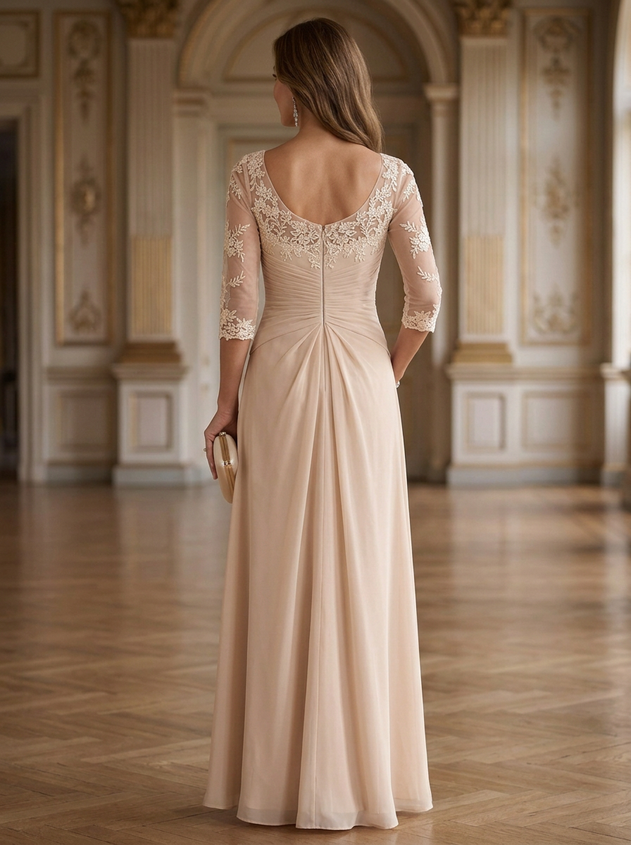 Champagne Lace Chiffon V-Neck Maxi Dress