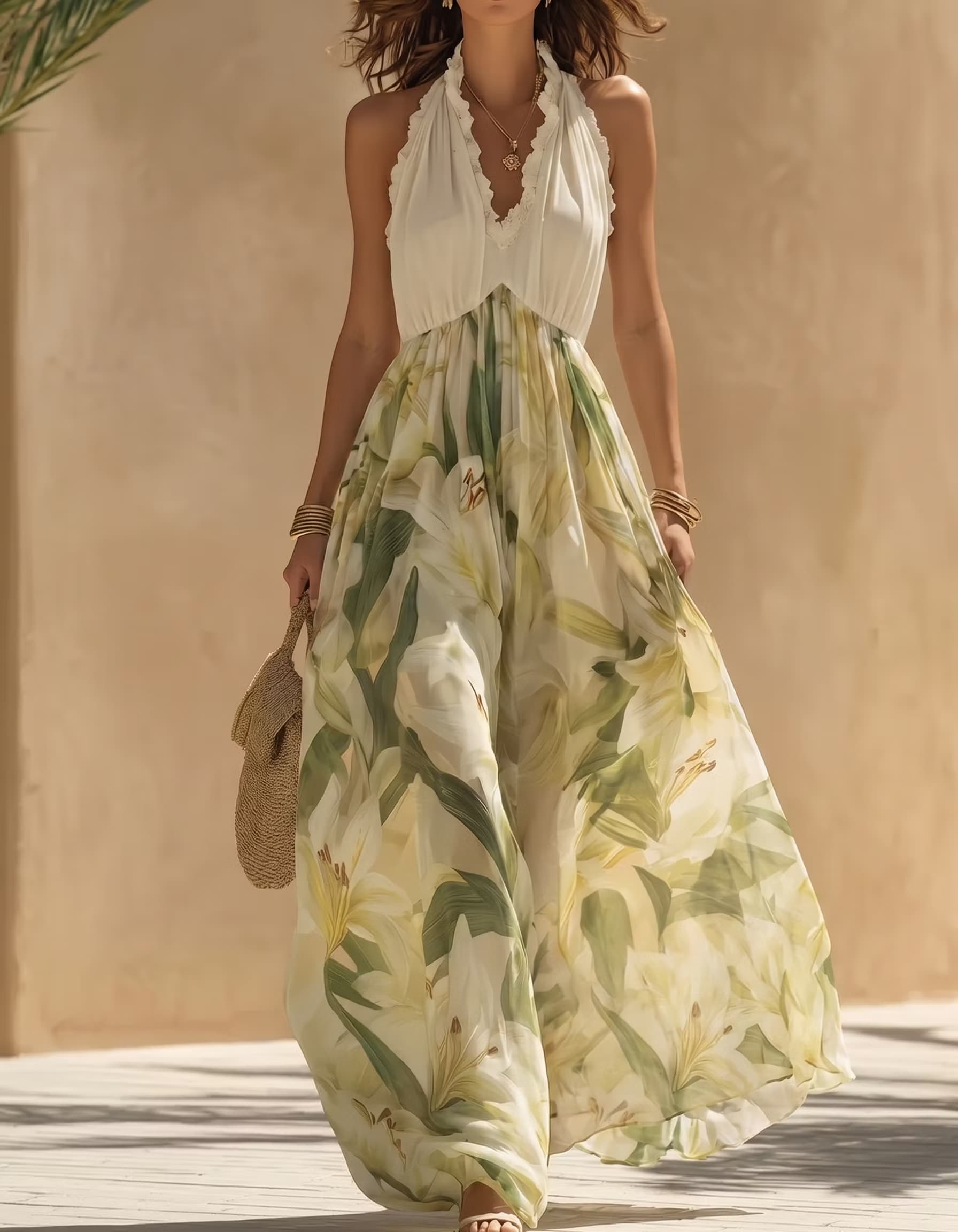 Light Green Chiffon Printed Halter Neck Maxi Dress