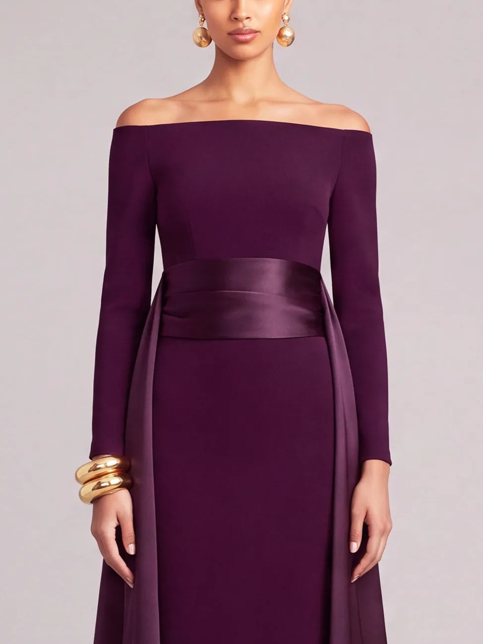 Burgundy Off-the-Shoulder Long Sleeve Sash Belt Sheath Maxi Dress