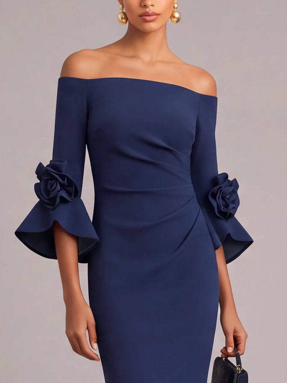 Navy Blue Off-the-Shoulder 3/4 Flare Sleeve 3D Flower Cuff Mermaid Maxi Dress