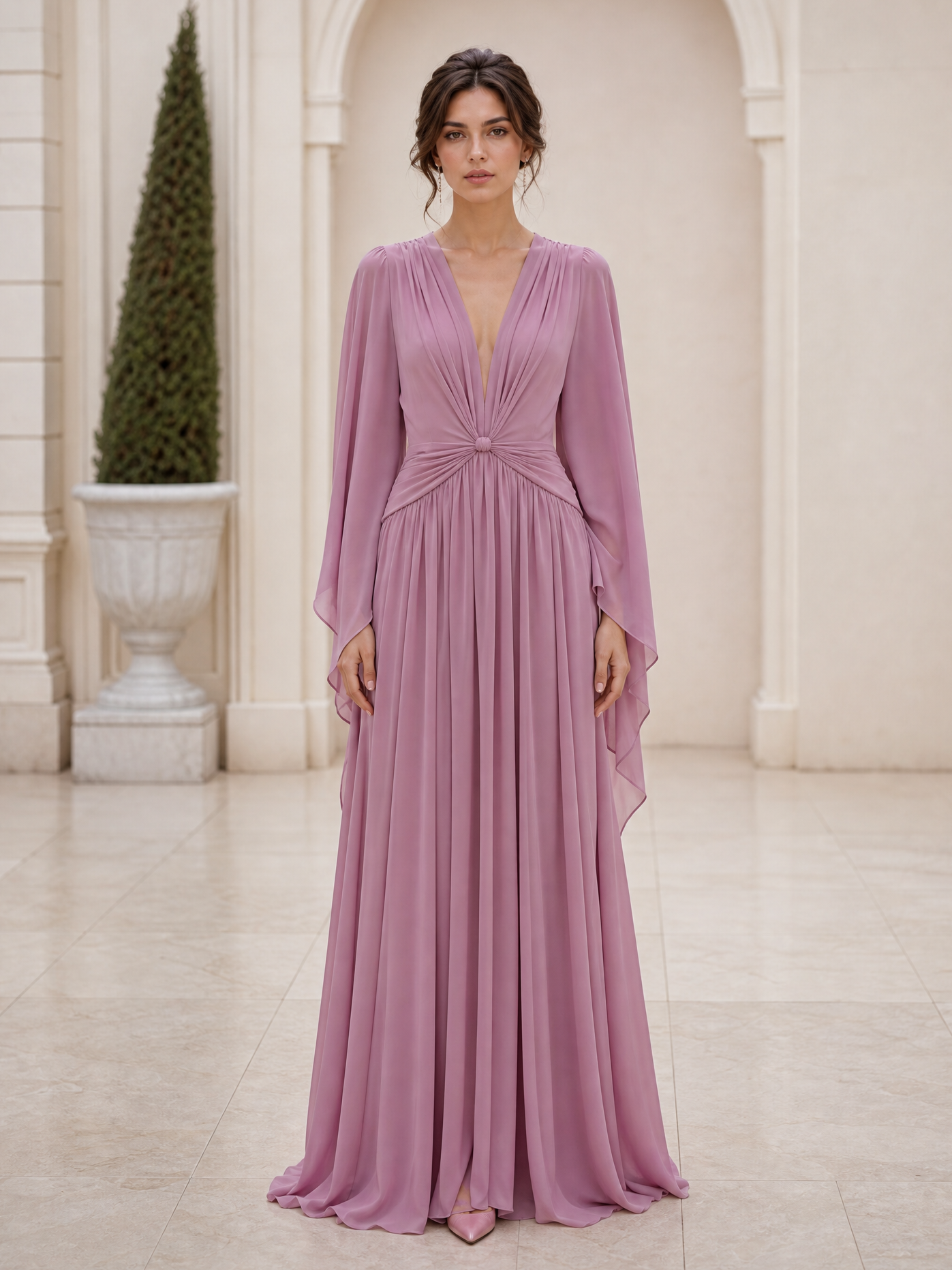 Dusty Pink Chiffon Deep V Cape Sleeve Maxi Dress