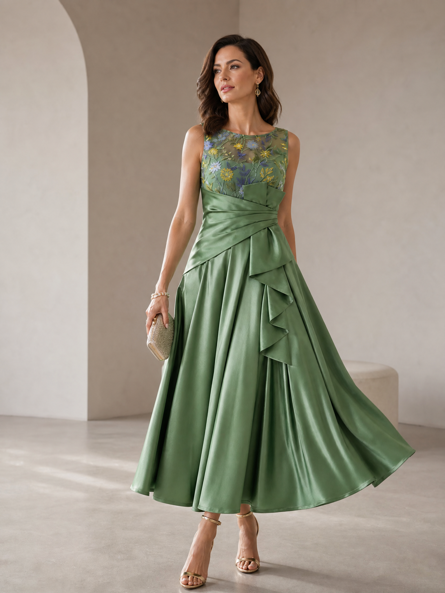 Sage Green Round Neck Floral Embroidery Ruched A-Line Midi Dress