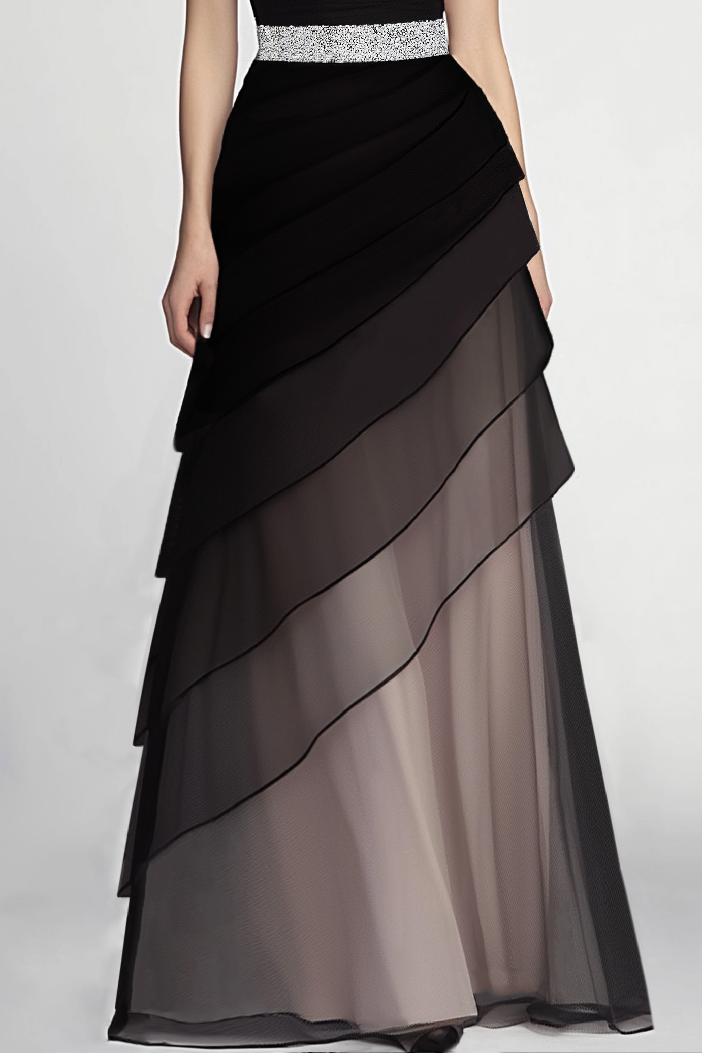 Formal Evening Dress Black One-Shoulder Multi-Layered Silver Belt Maxi Gown