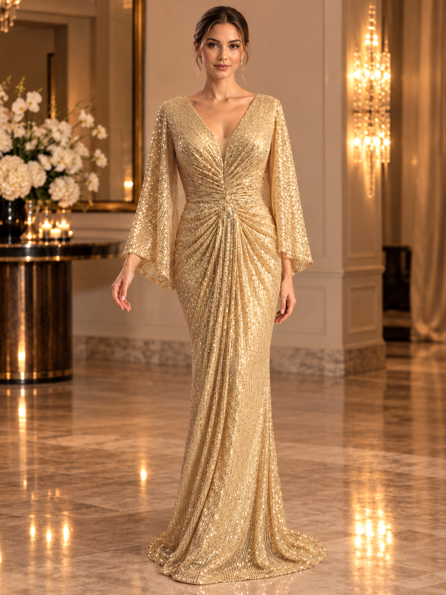 Gold Sequined V Neck Flare Sleeve Mermaid Maxi Dress
