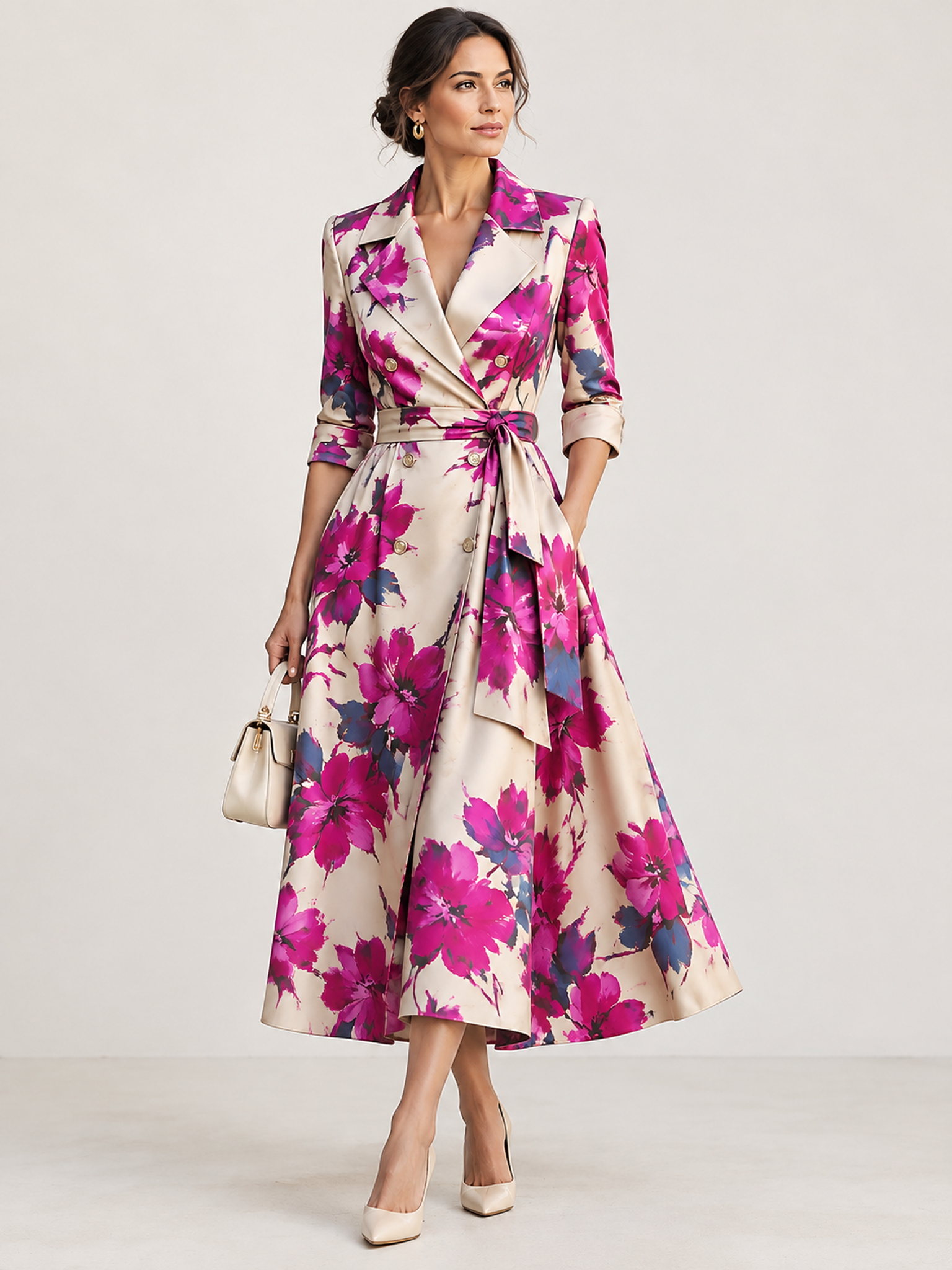 Ivory Notch Collar 3/4 Sleeve Floral Print Midi Dress