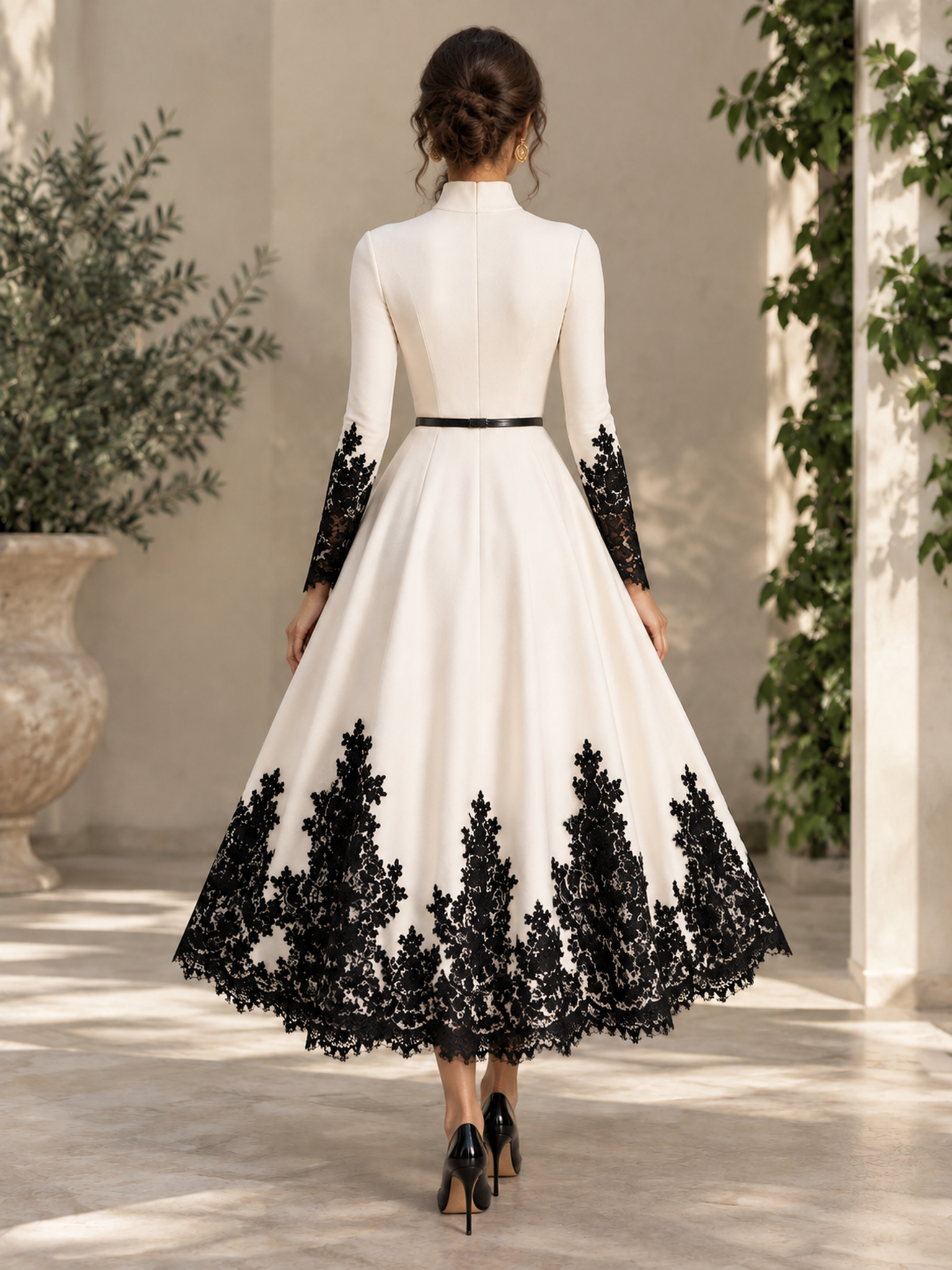 Ivory Mandarin Collar Long Sleeve Lace A-Line Midi Dress