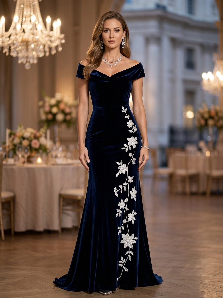 Neck Navy Off-the-Shoulder Draped Velvet Mermaid Evening Gown
