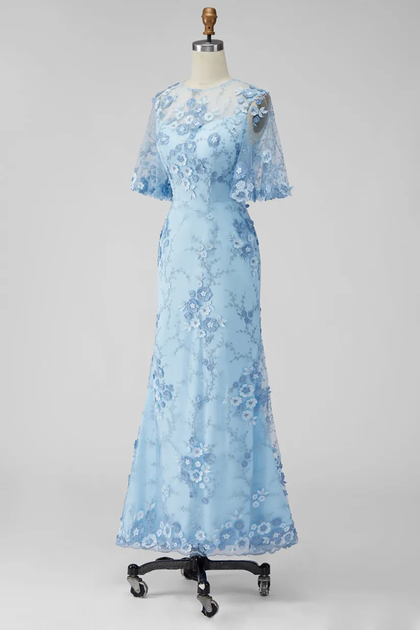 Light Blue Lace Embroidered 3/4 Sleeve Mermaid Maxi Dress