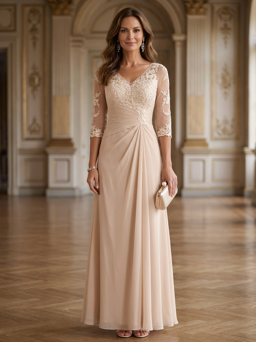 Champagne Lace Chiffon V-Neck Maxi Dress