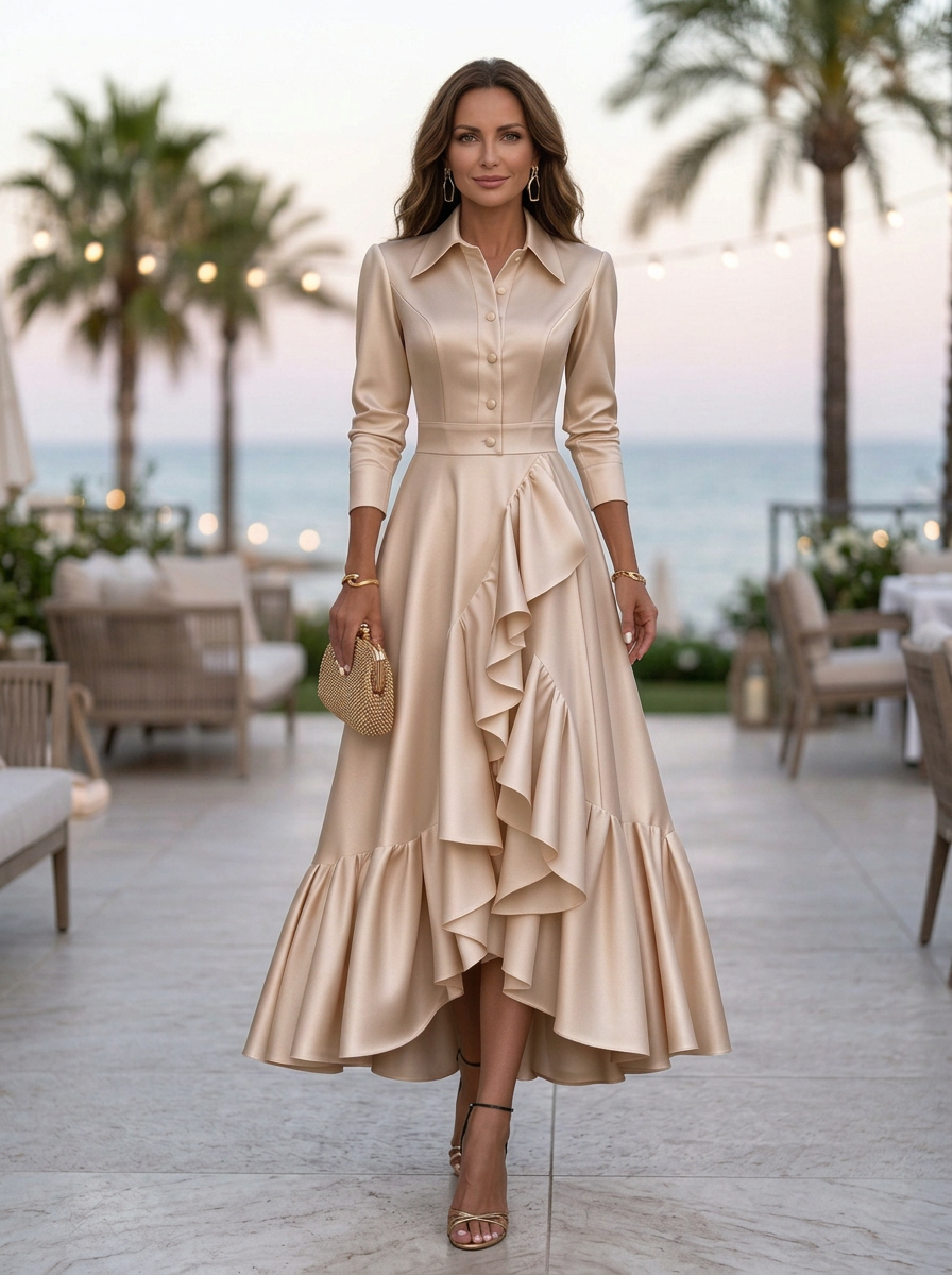 Champagne Collared 3/4 Sleeve Ruffle A Line Floor-Length Maxi Dress