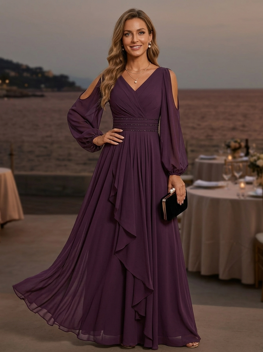 Deep Purple Chiffon V-Neck Off-Shoulder Maxi Dress