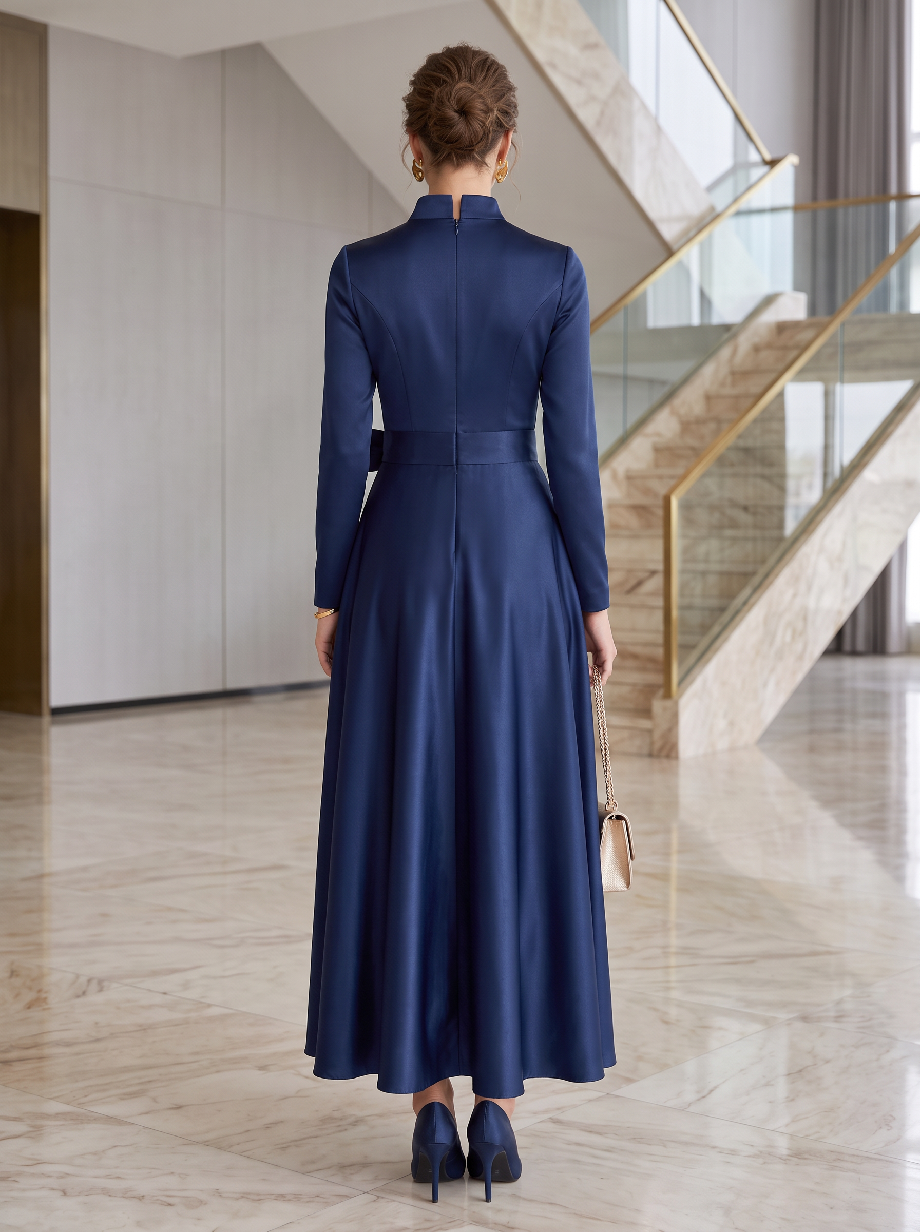 Navy Satin High Neck Long Sleeve Bow Belt A-Line Maxi Dress