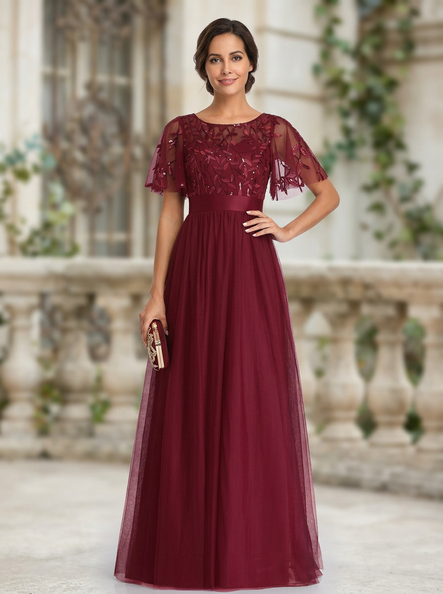 Burgundy Round Neck Tulle A-Line Maxi Dress
