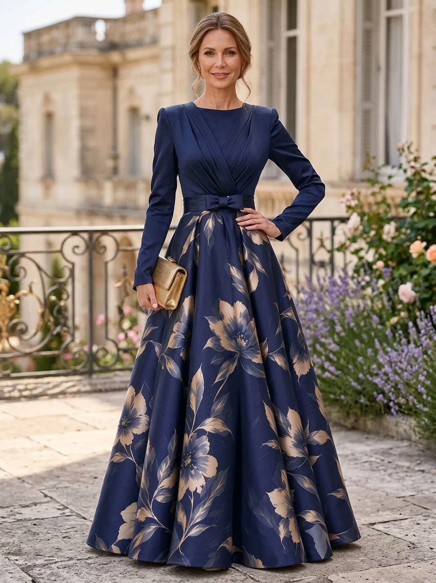 Navy Blue Round Neck Long Sleeve Floral Print Satin Maxi Dress