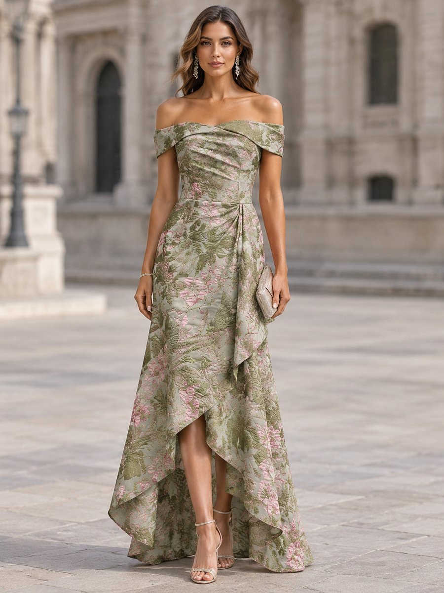 Ivory Off Shoulder Jacquard Floral High-Low Maxi Dress