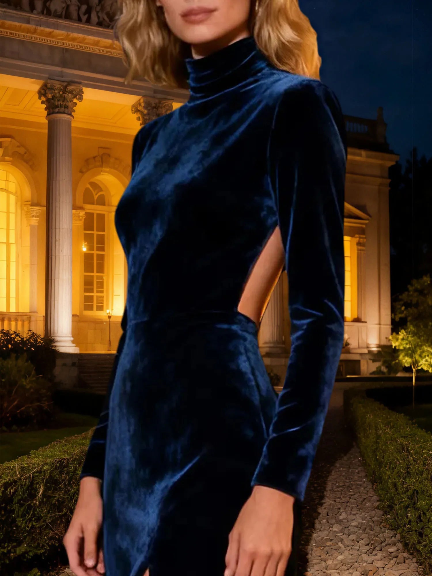Navy Mermaid Velvet Long Holiday Party Dress with Slit