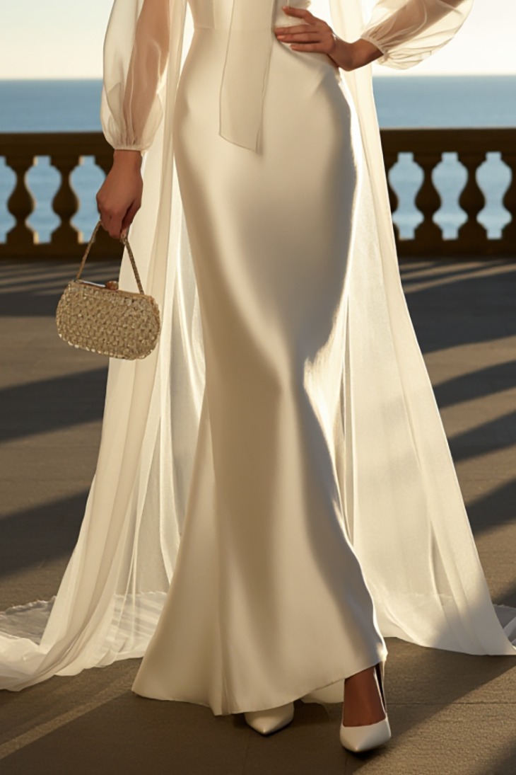 White Satin Wedding Dress Spaghetti Straps Maxi Drses with Cape