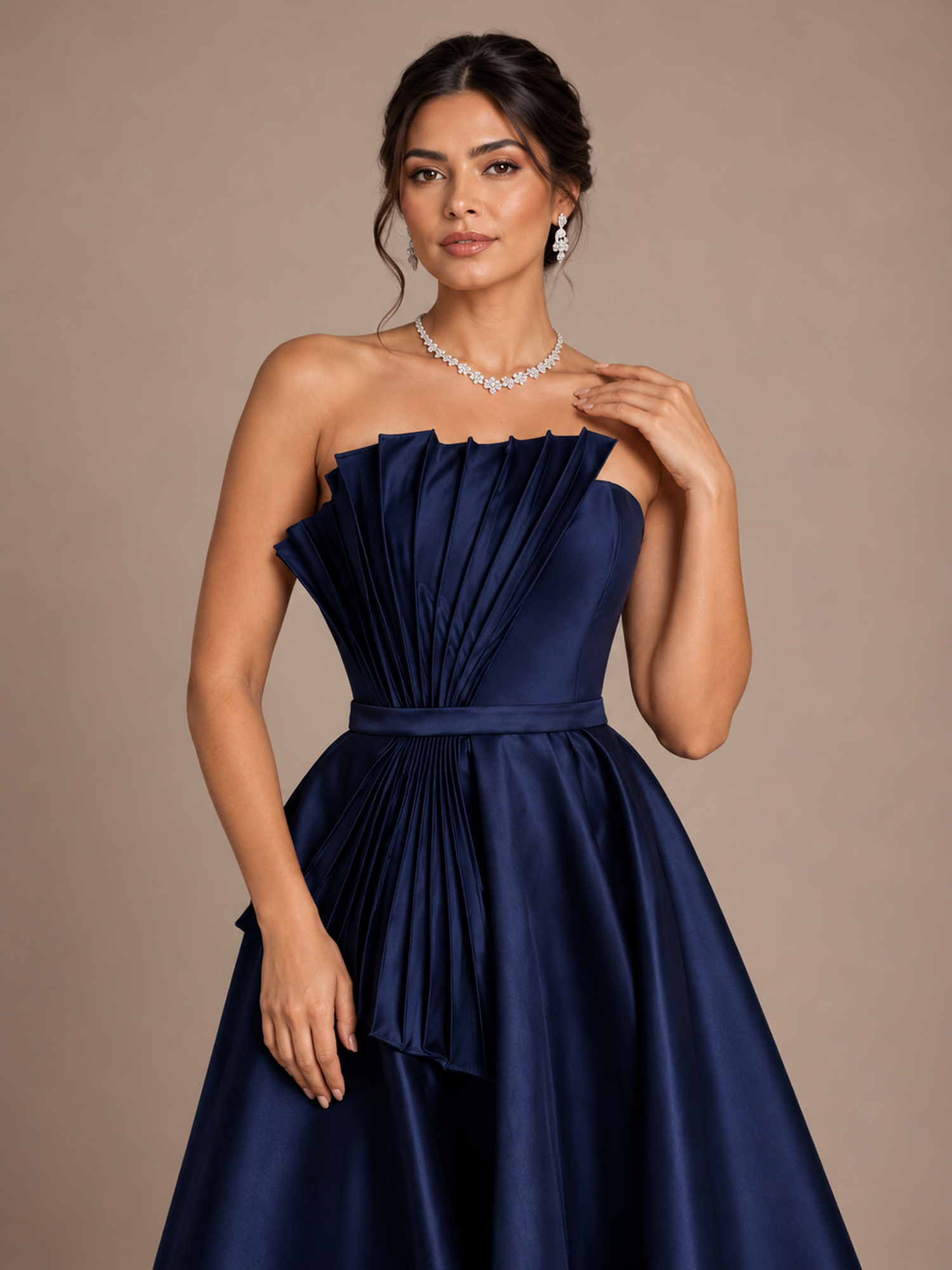 Navy Blue Strapless Pleated Fan A-Line Maxi Dress