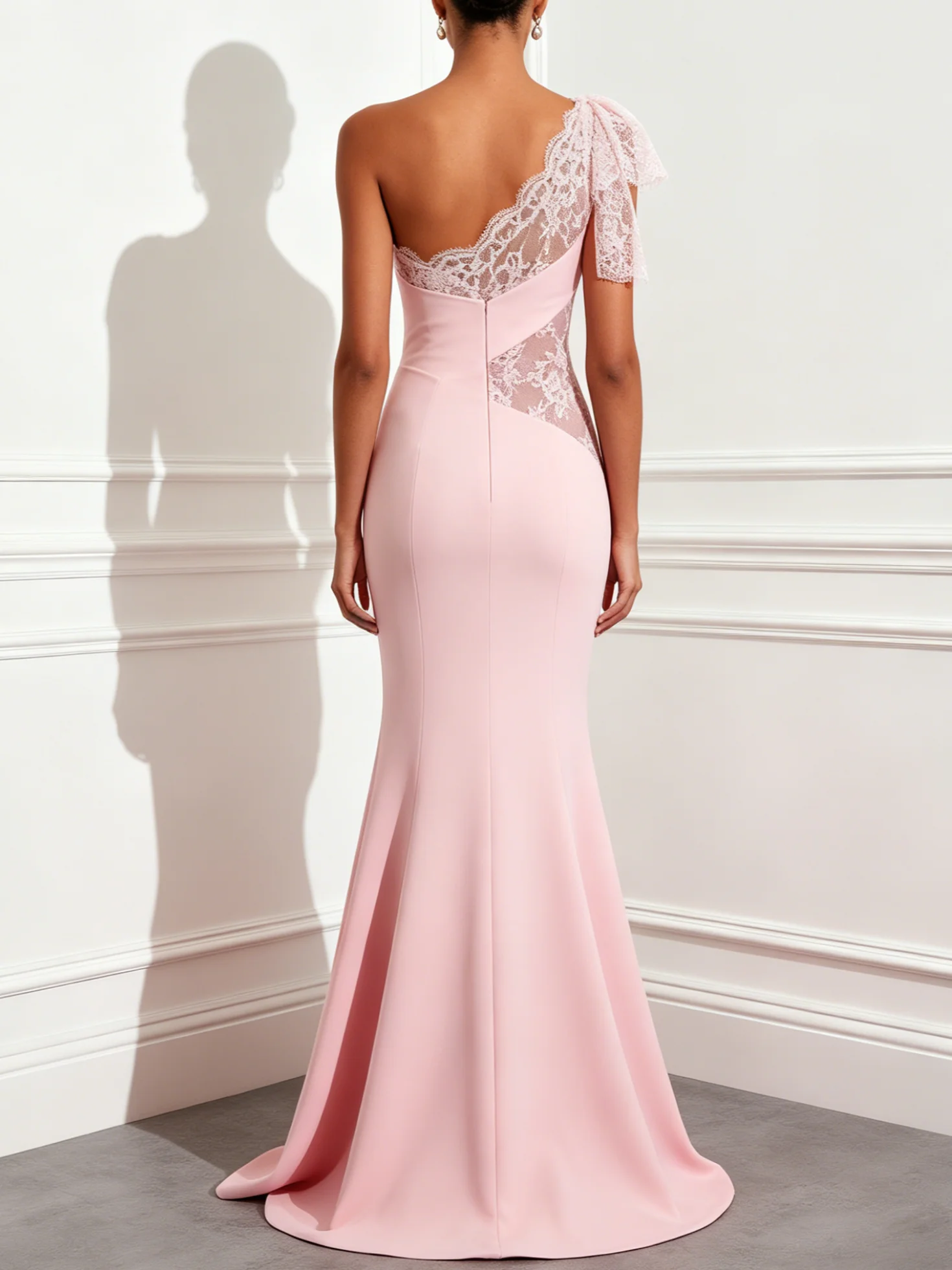 Pink One-Shoulder Lace Panel Mermaid Evening Gown