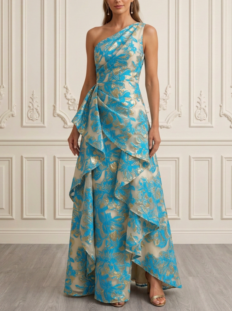 Dusty Blue One-Shoulder Sleeveless Floral Jacquard Asymmetric Ruffle A-Line Maxi Dress