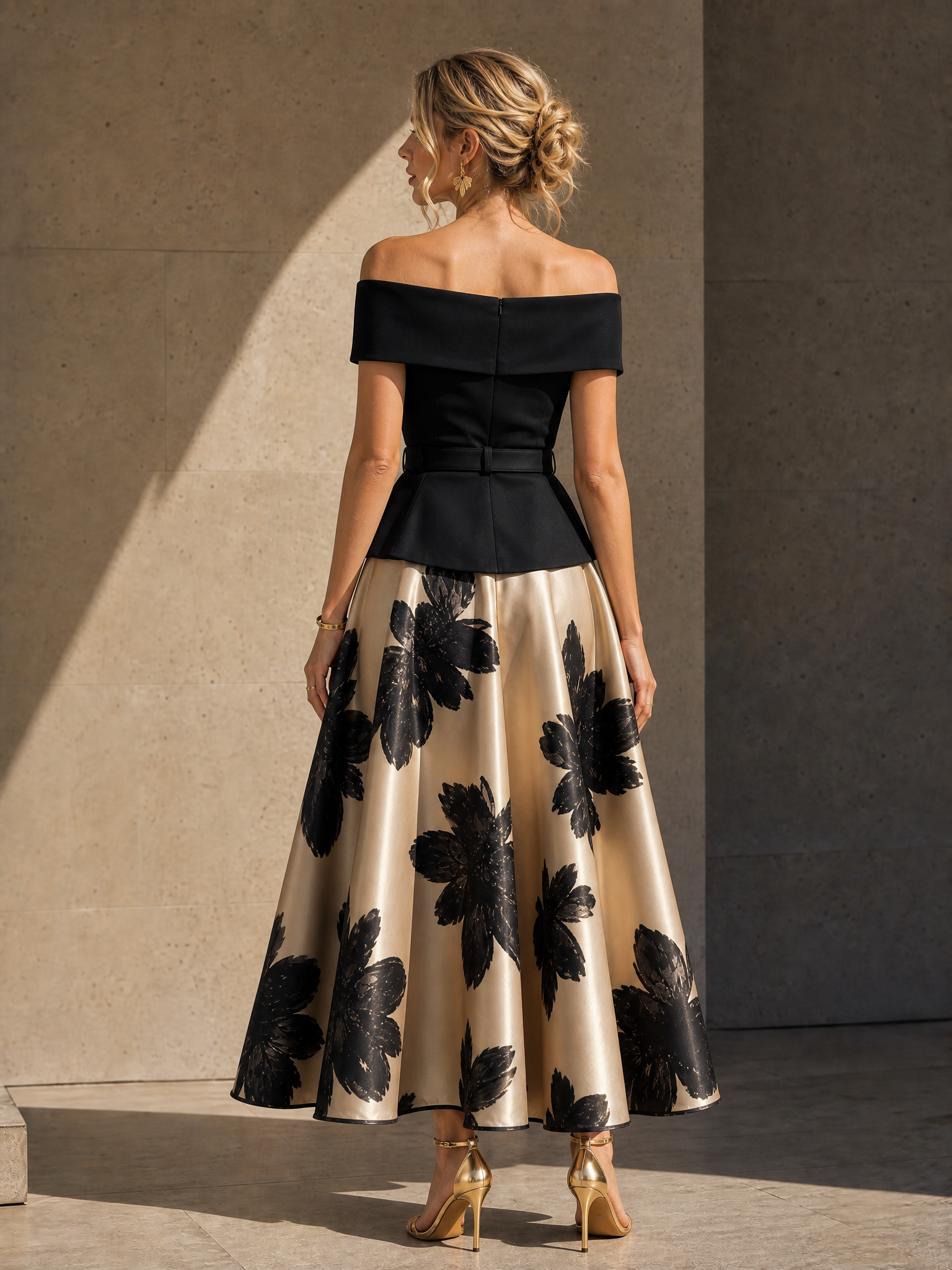 Black and Gold Off Shoulder Waistband Floral A-Line Midi Dress