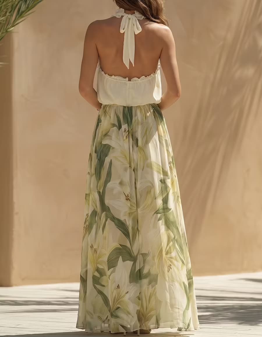 Light Green Chiffon Printed Halter Neck Maxi Dress