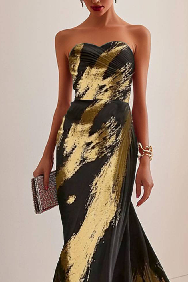 Party Black and Gold Dress Tube Top Pleated with Train Maxi Dress