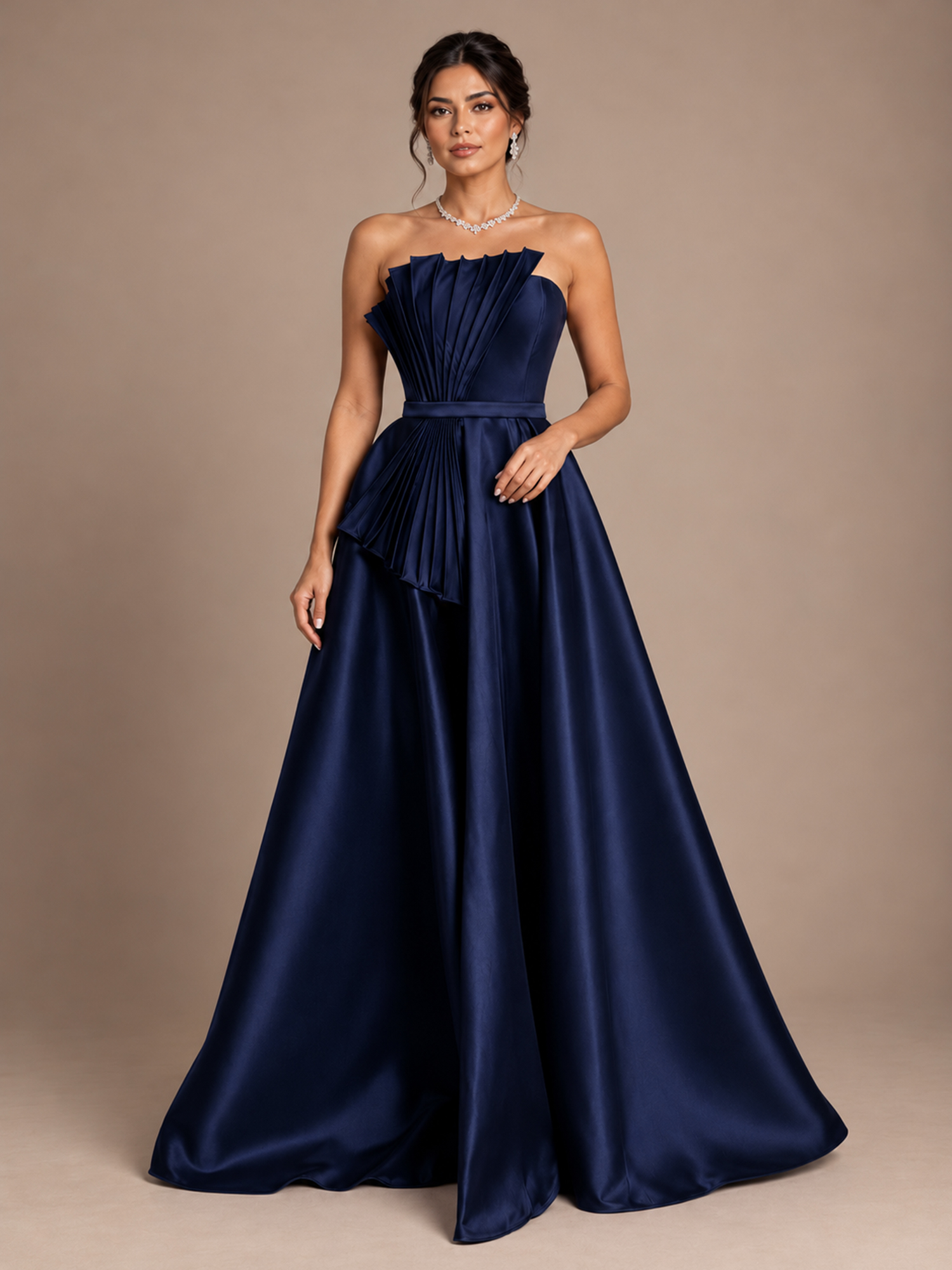 Navy Blue Strapless Pleated Fan A-Line Maxi Dress