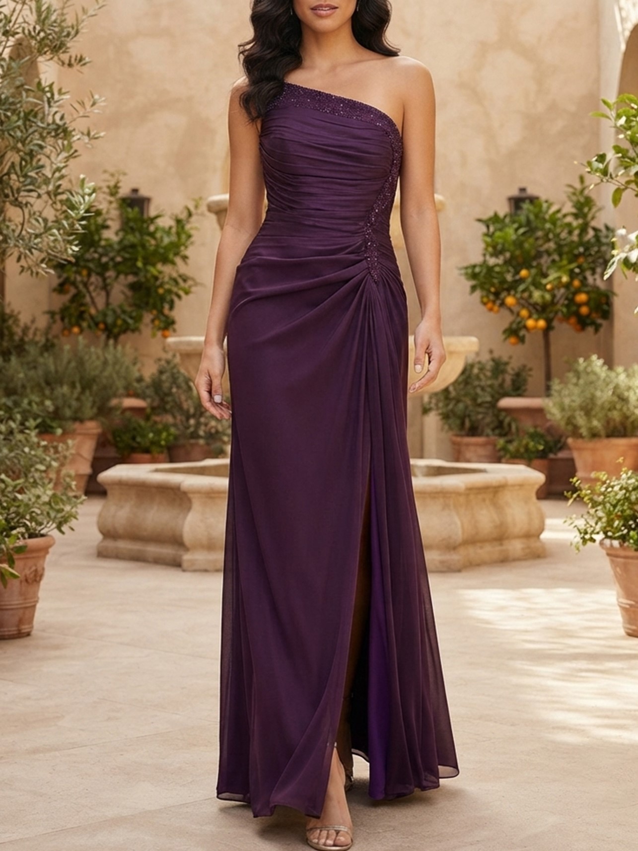 Purple Strapless Beaded Ruched Chiffon Slit Maxi Dress