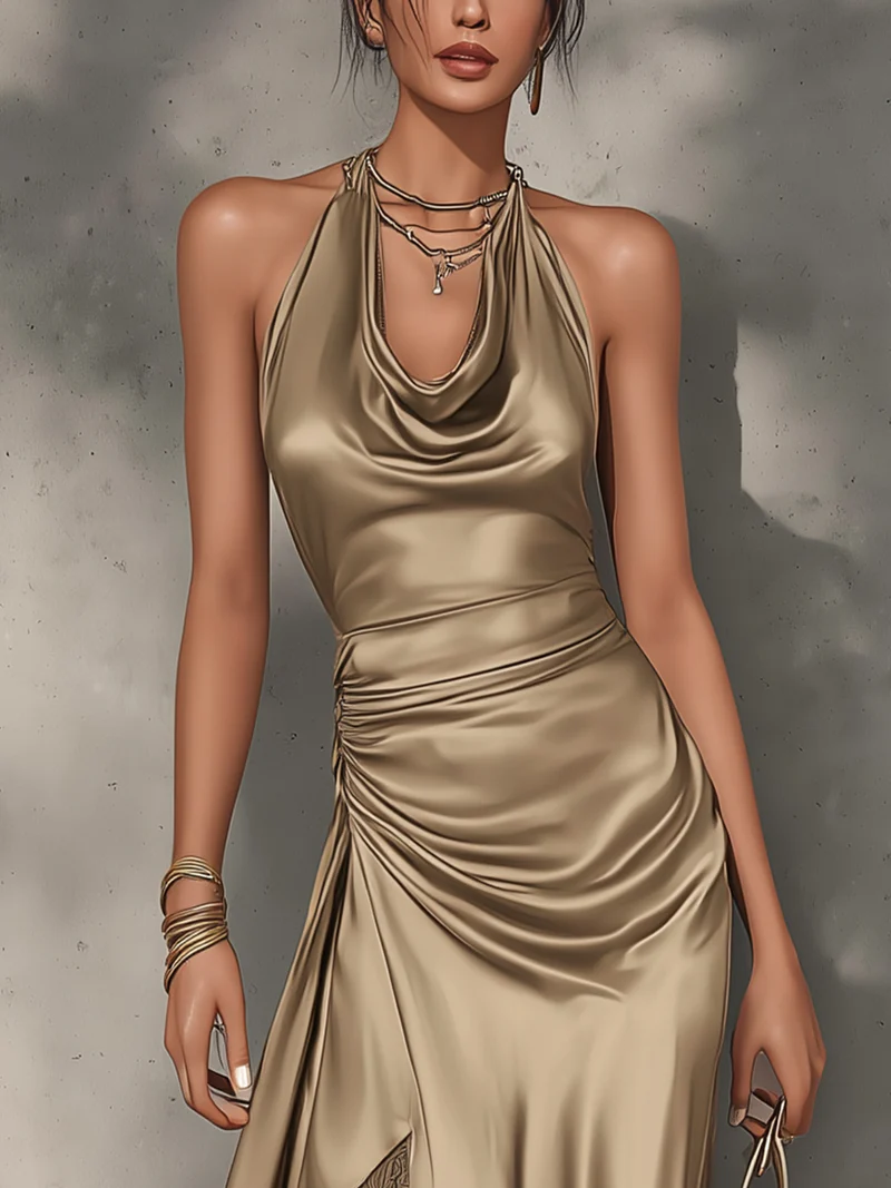 Champagne Satin Halter-Neck Maxi Dress with Lace Hem
