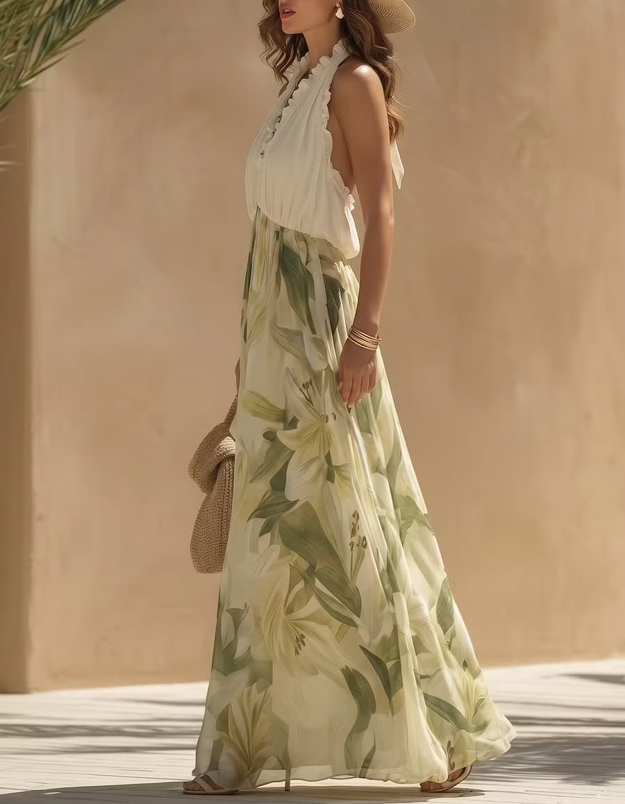 Light Green Chiffon Printed Halter Neck Maxi Dress