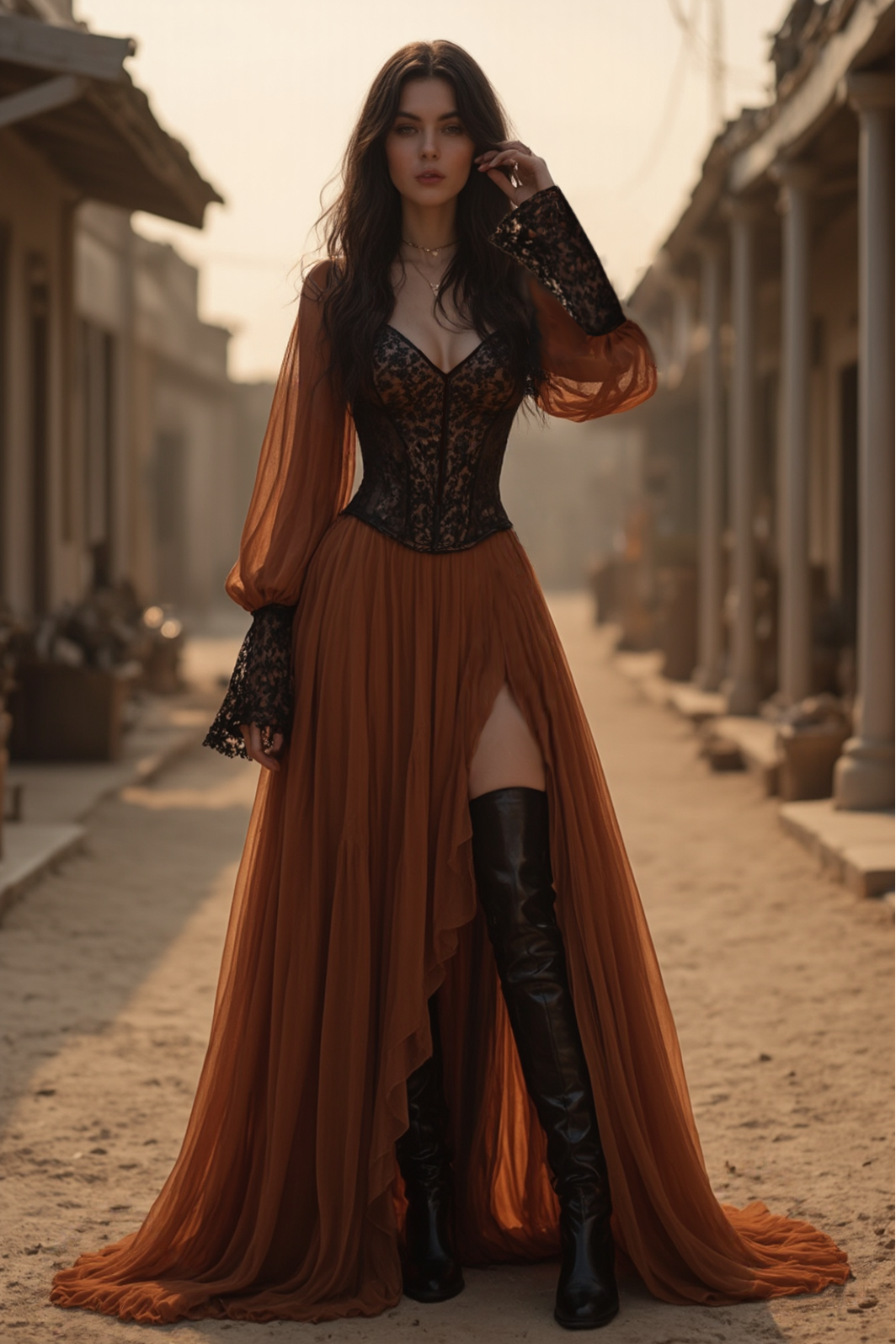 Boho Dress Brown V Neck Lace Chiffon Long Sleeve High Slit Maxi Dress