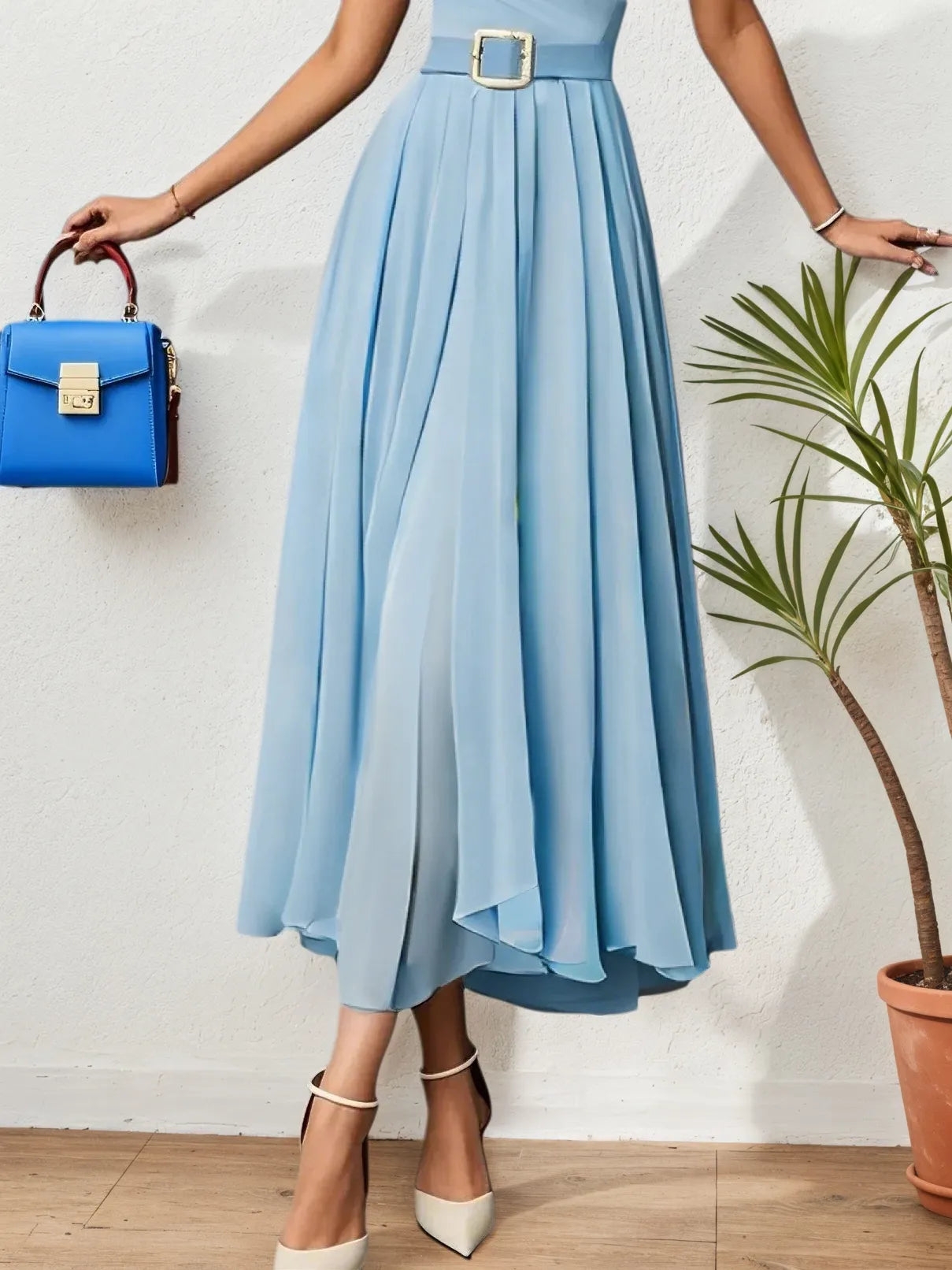 Light Blue Pleated Ruched Sweetheart Neckline A-Line Maxi Chiffon Dress