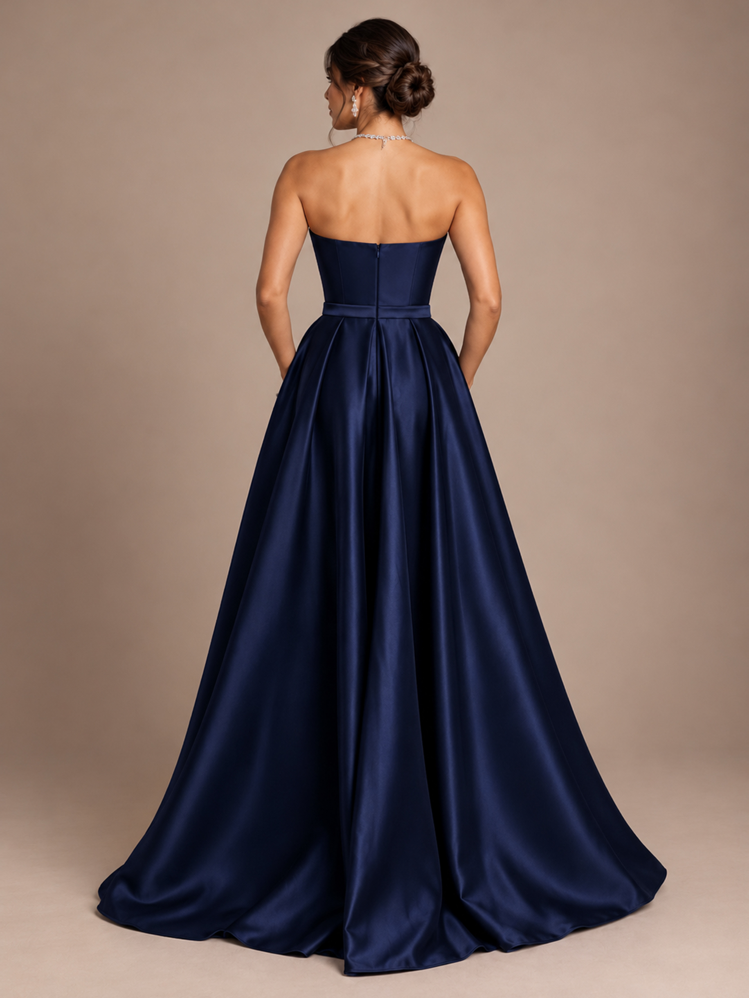 Navy Blue Strapless Pleated Fan A-Line Maxi Dress