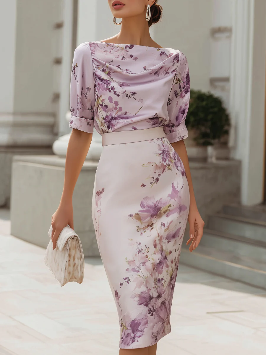Floral Print Draped Neck Structured Pencil Midi Dress