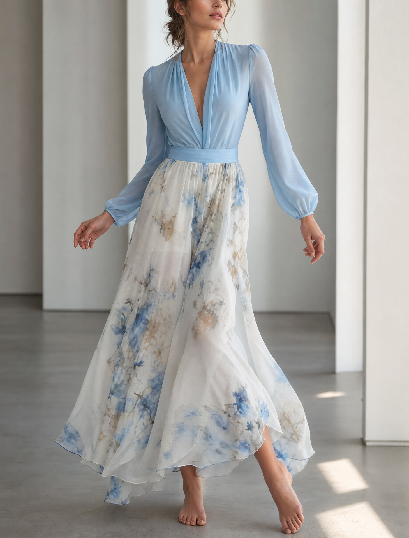 Two Tone Blue Floral Print Long Sleeve A Line Maxi Dress