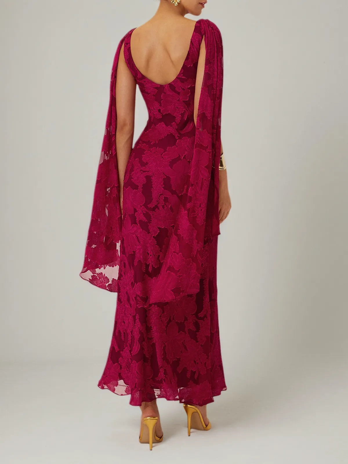 Red Jacquard Chiffon Cowl Neck Sleeveless Sheath Maxi Dress
