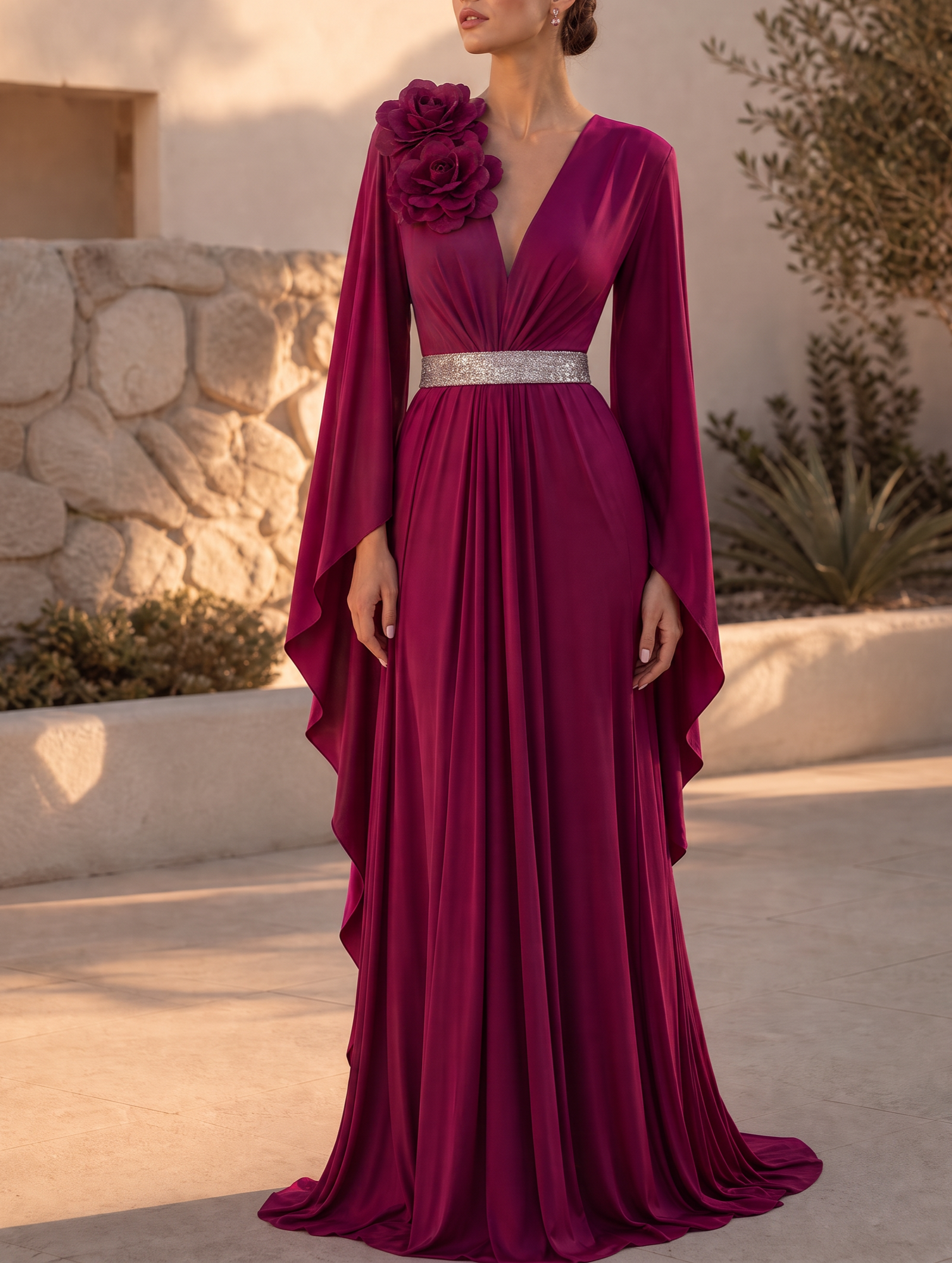 Plum V-Neck Rosette Accented Flowing Sleeve Floor-Length Gown Dress