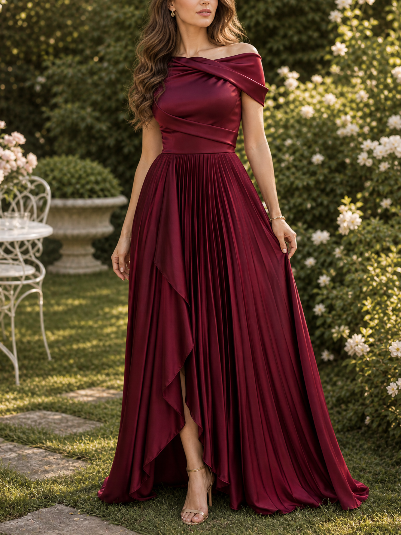 Burgundy Off-The-Shoulder Pleated Draped Split A-Line Floor-Length Gown Dress