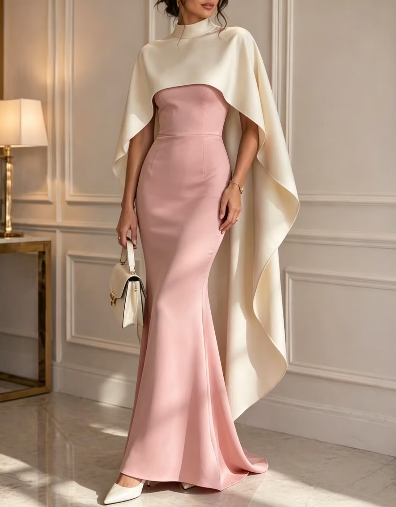 High Neck Color‑Block Cape Sleeve Crepe Mermaid Evening Maxi Dress