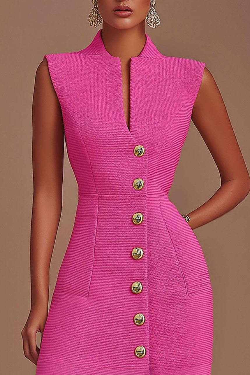 Semi-formal Work Pink Dress Tweed Buttoned Sleeveless Mini Dress